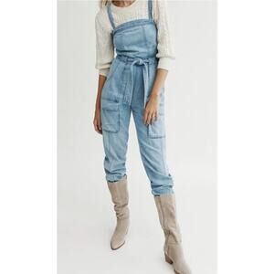 Free People Womens Small Blue Jean Denim Jumpsuit Romper Pockets Belt Go West